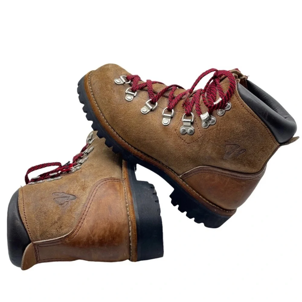 Vintage Vasque Hiking Boots Vibram Soles Brown Suede Leather Red Laces 7 A - Picture 3 of 13